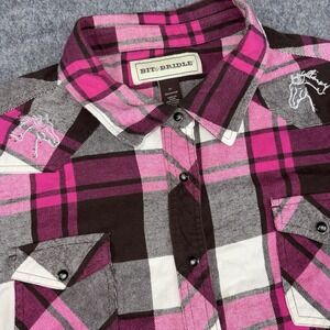 Bit & Bridle Flannel Shirt Womens 1X Pink Plaid Pearl Snap Western Horse Logos